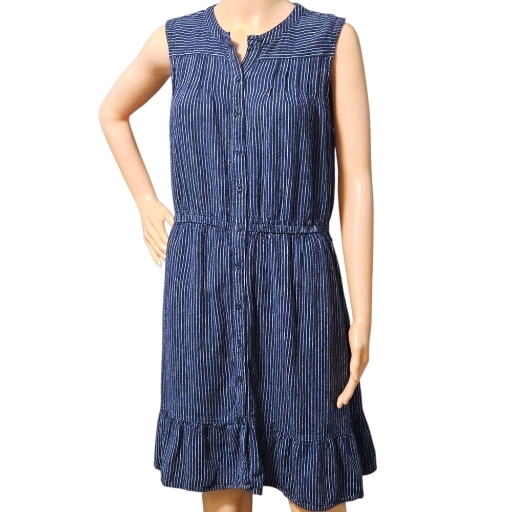 Wmns Navy Blue Striped Button Front Dress M Sleeveless Linen Beach Coastal Chic - Picture 5 of 14
